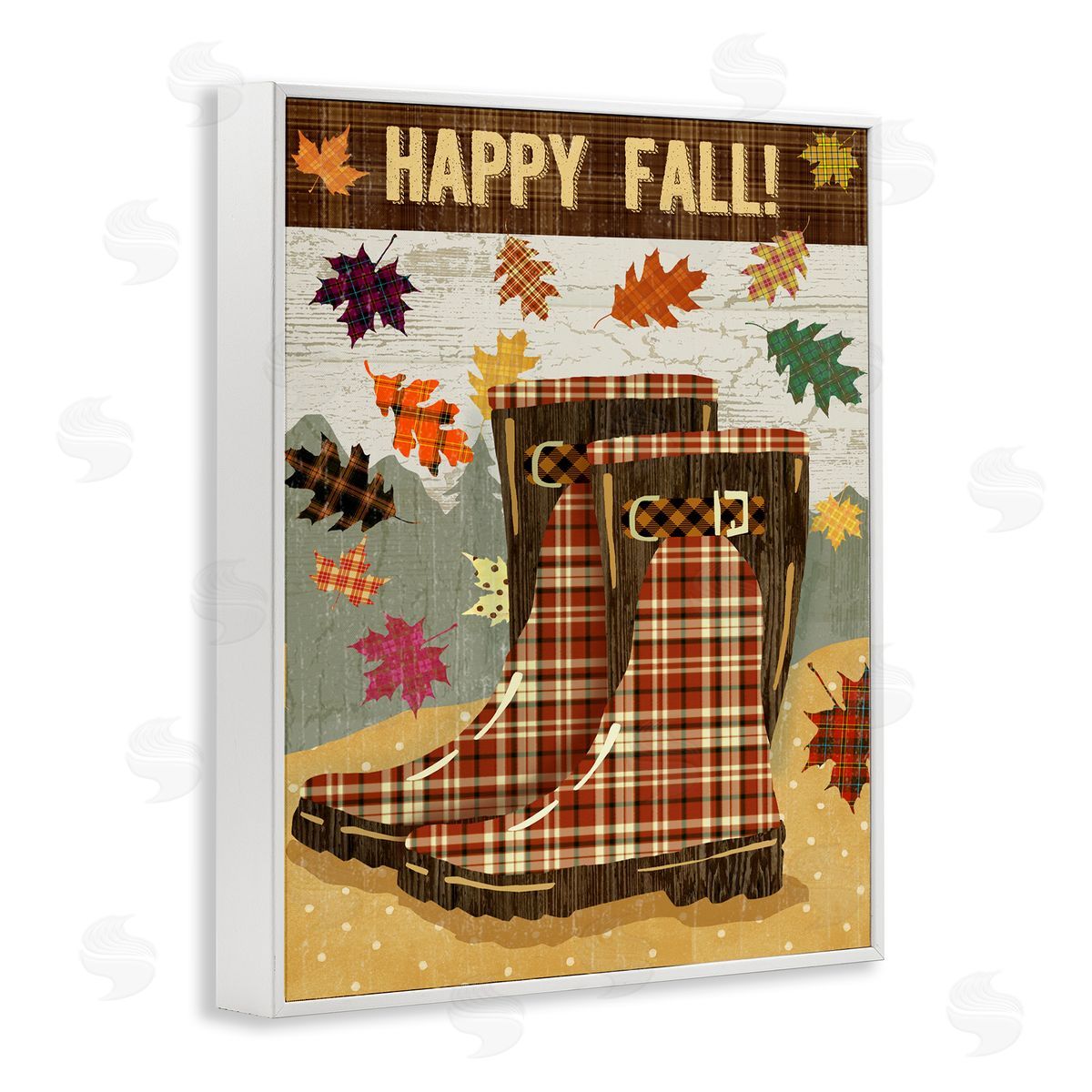 Andrea Tachiera Happy Fall Plaid Boots and Foliage White Framed Giclee Wall Art