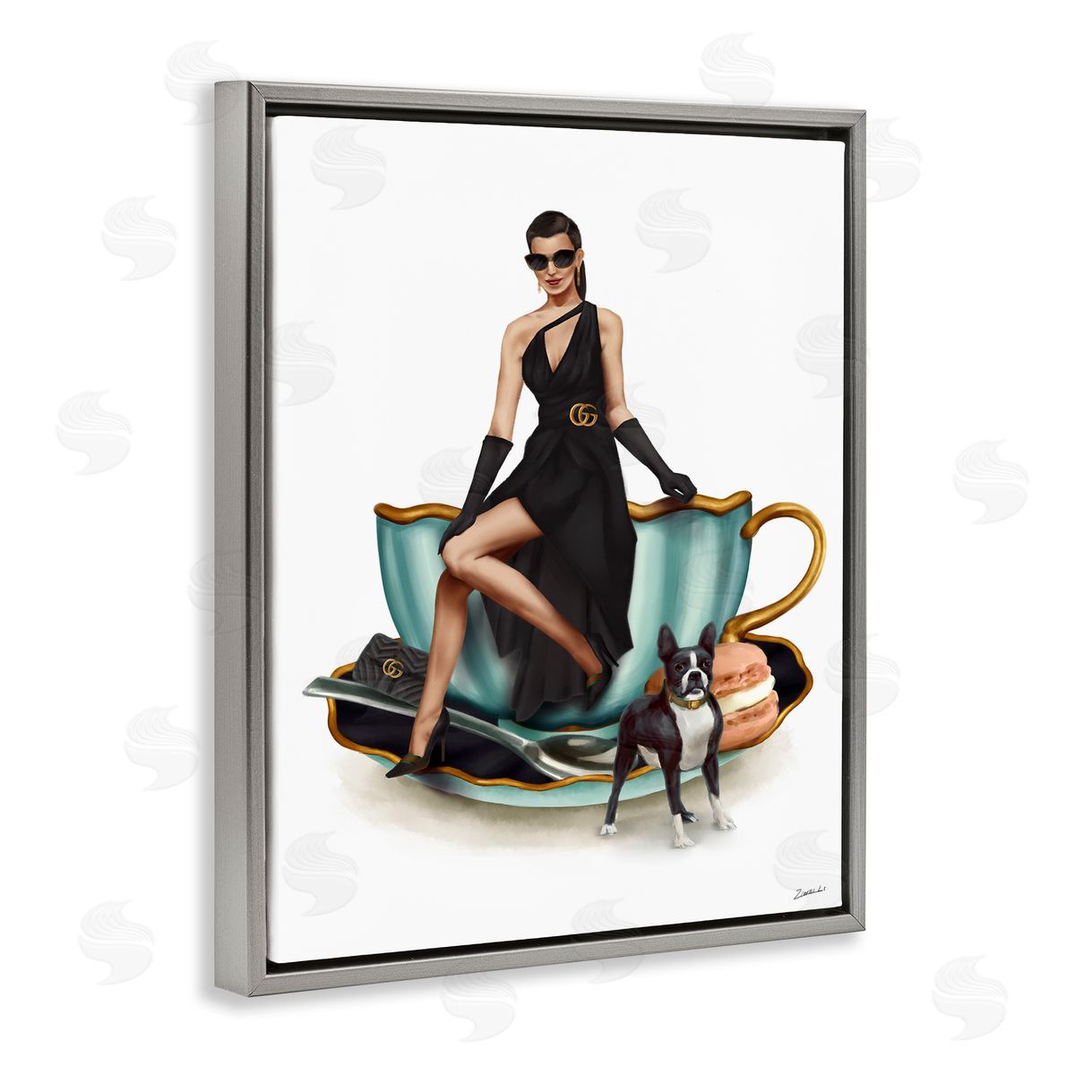 Ziwei Li Elegant Fashion Female Tea Cup Gray Floater Frame Canvas Art