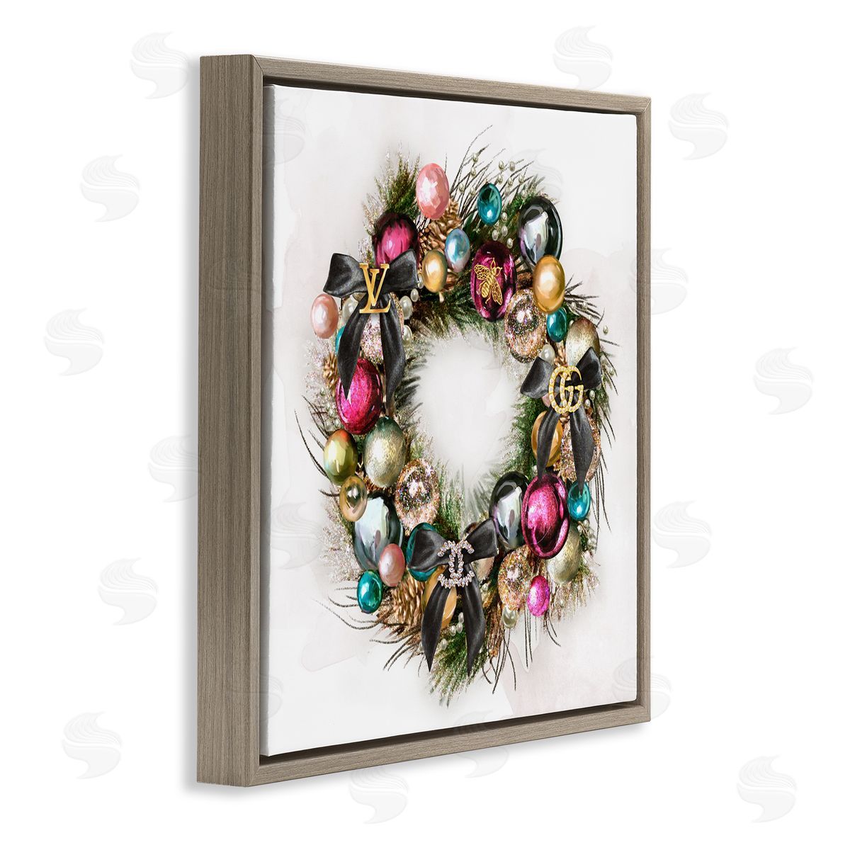 Ziwei Li Winter Holiday Wreath Glam Accents Brown Floater Frame Canvas Art