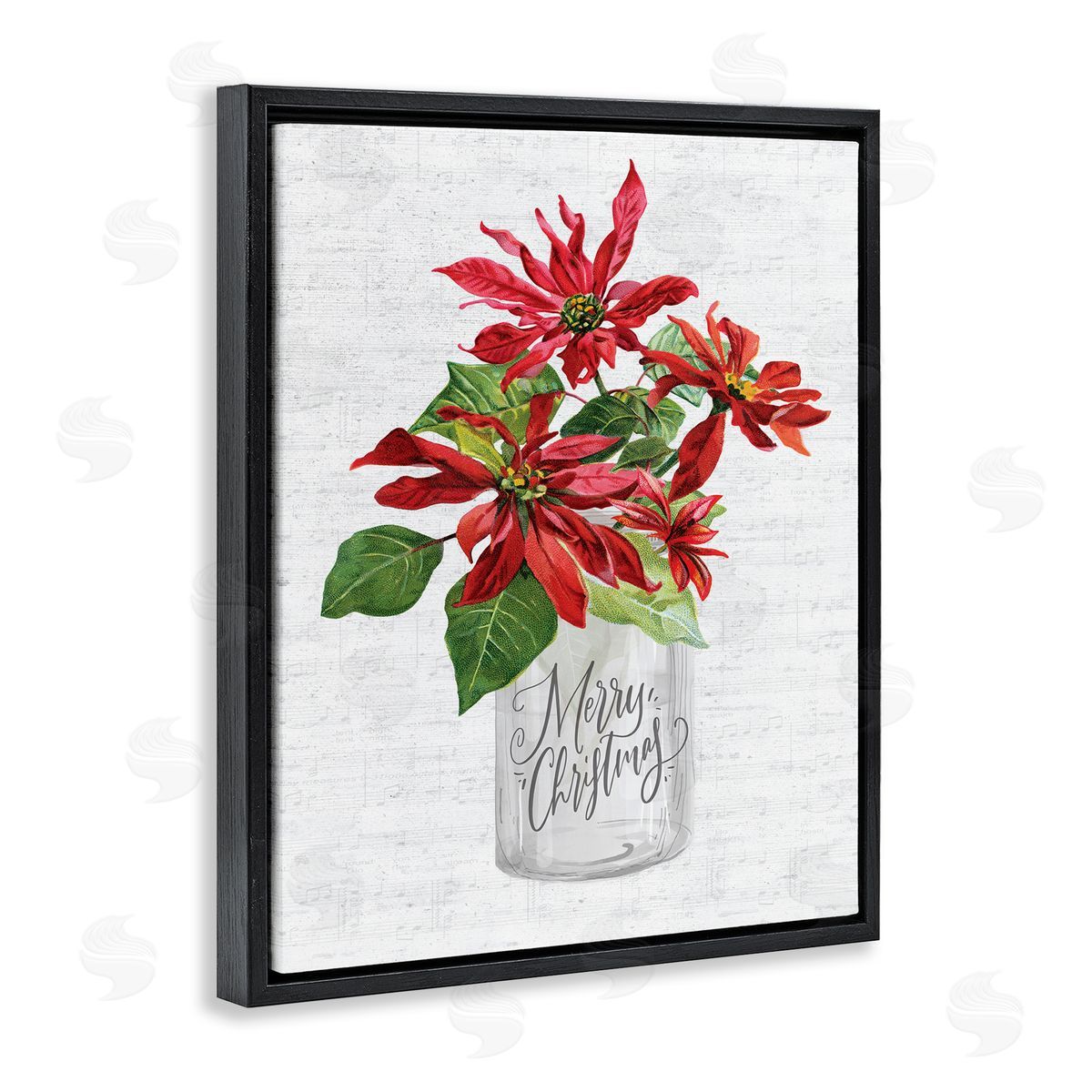 Lettered and Lined Merry Christmas Poinsettia Bouquet Black Floater Frame Canvas Art