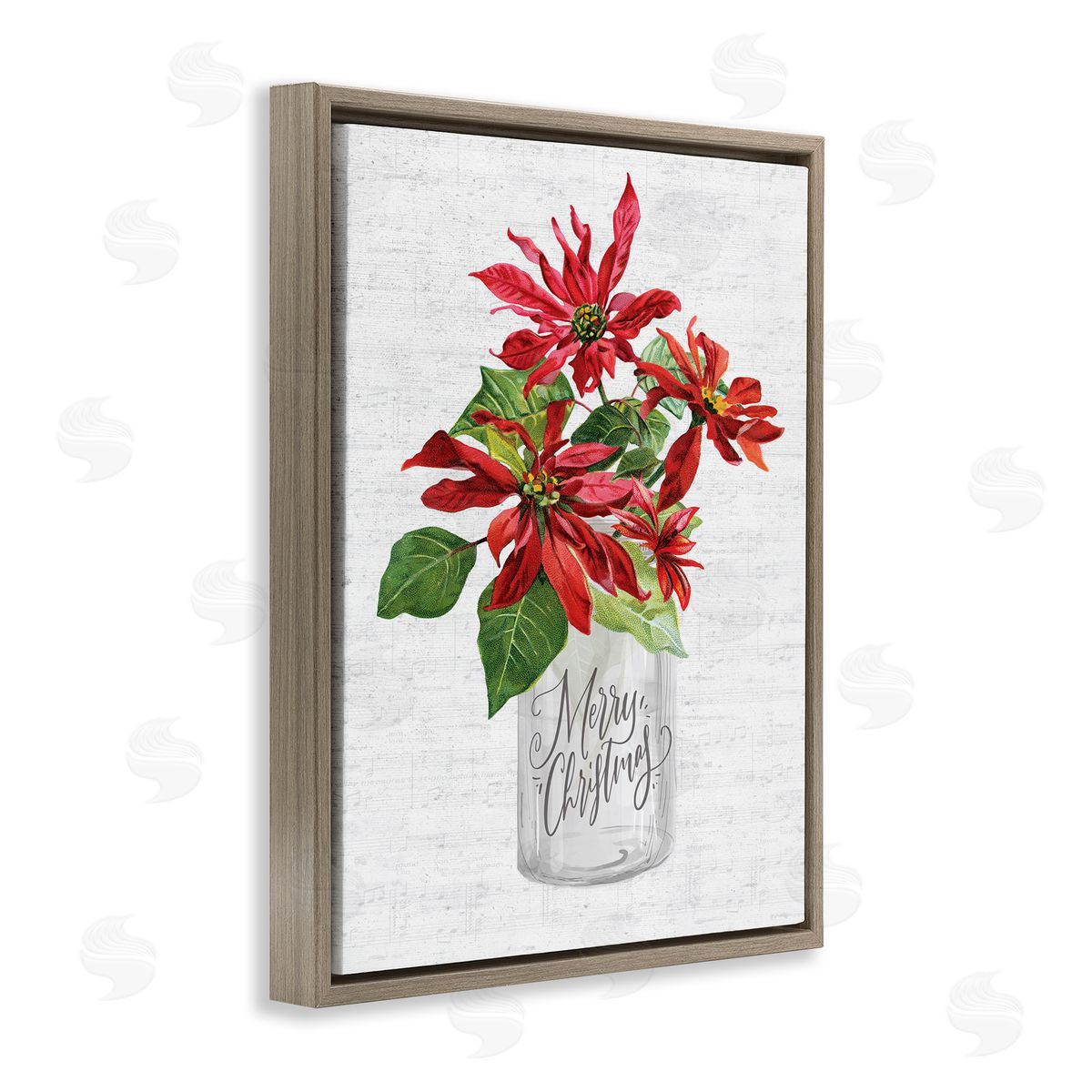 Lettered and Lined Merry Christmas Poinsettia Bouquet Brown Floater Frame Canvas Art