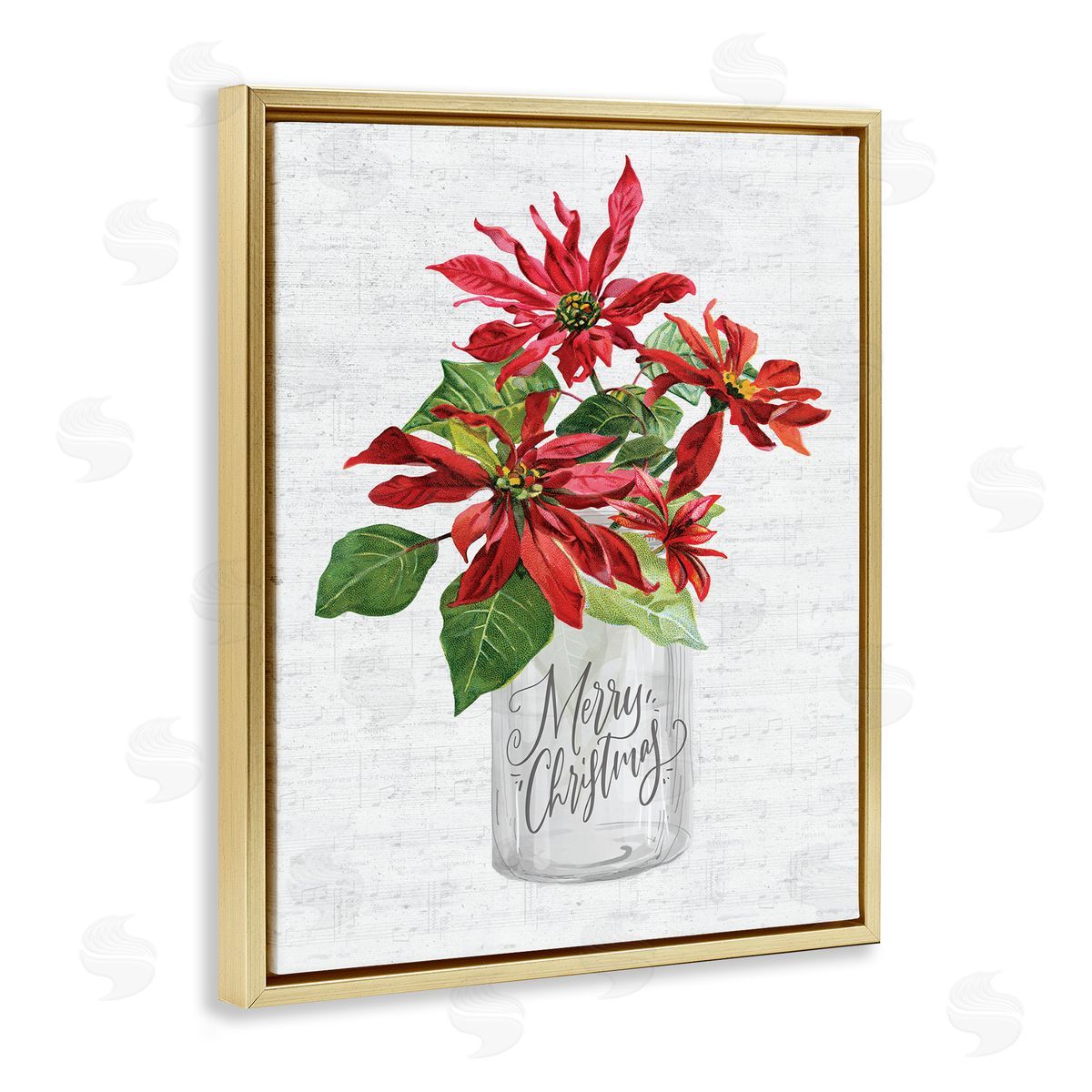 Lettered and Lined Merry Christmas Poinsettia Bouquet Gold Floater Frame Canvas Art