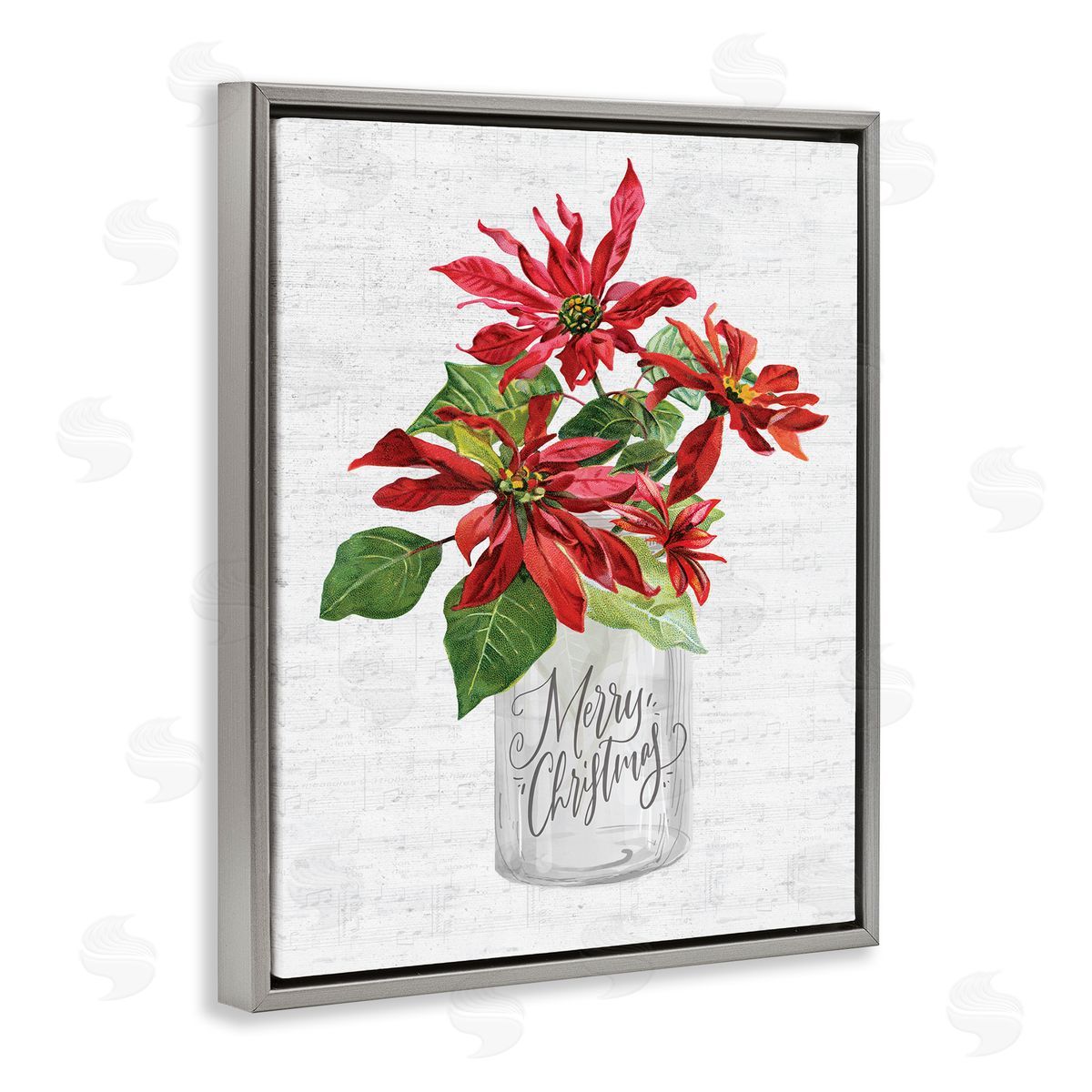 Lettered and Lined Merry Christmas Poinsettia Bouquet Gray Floater Frame Canvas Art