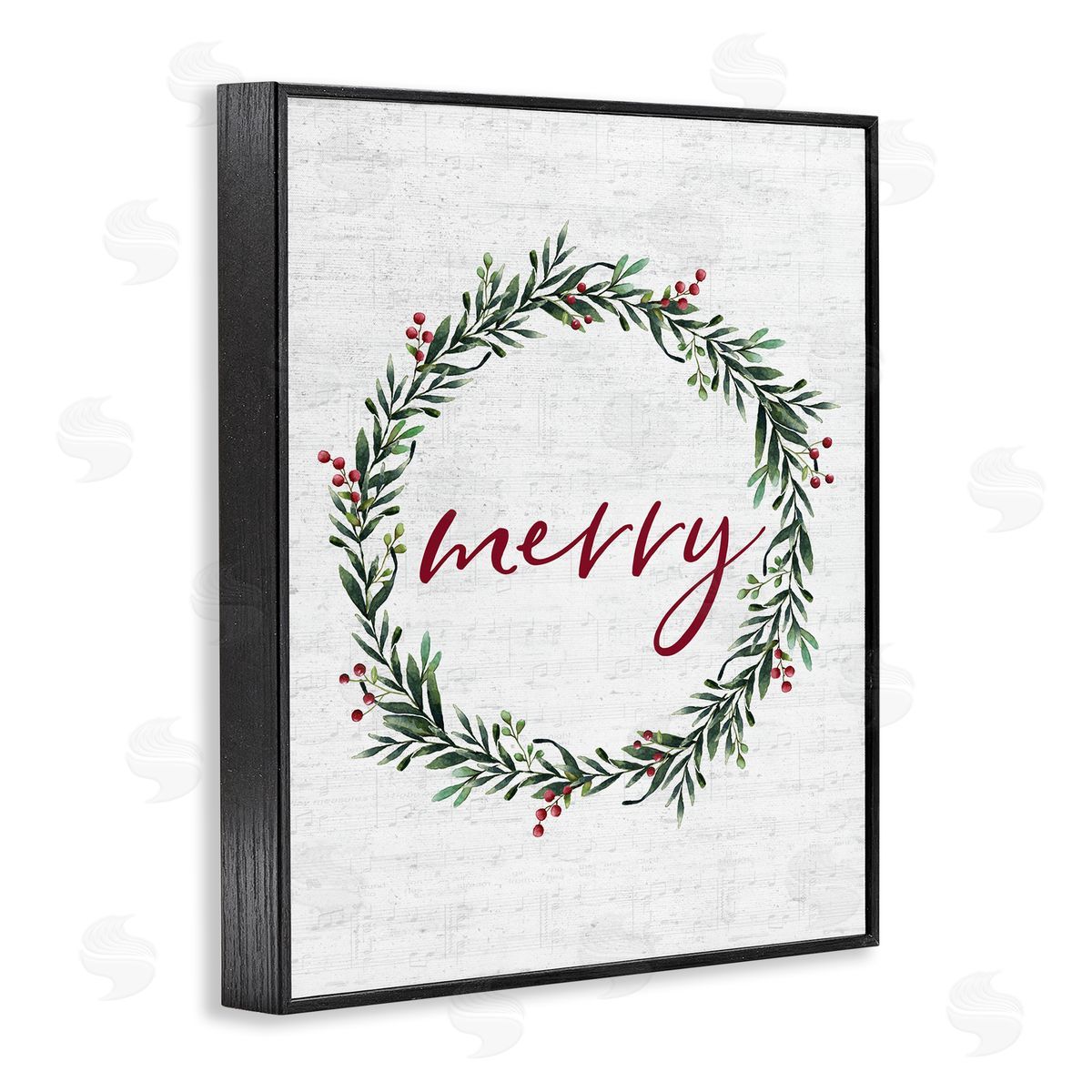 Lettered and Lined Red Merry Country Holiday Wreath Black Framed Giclee Wall Art