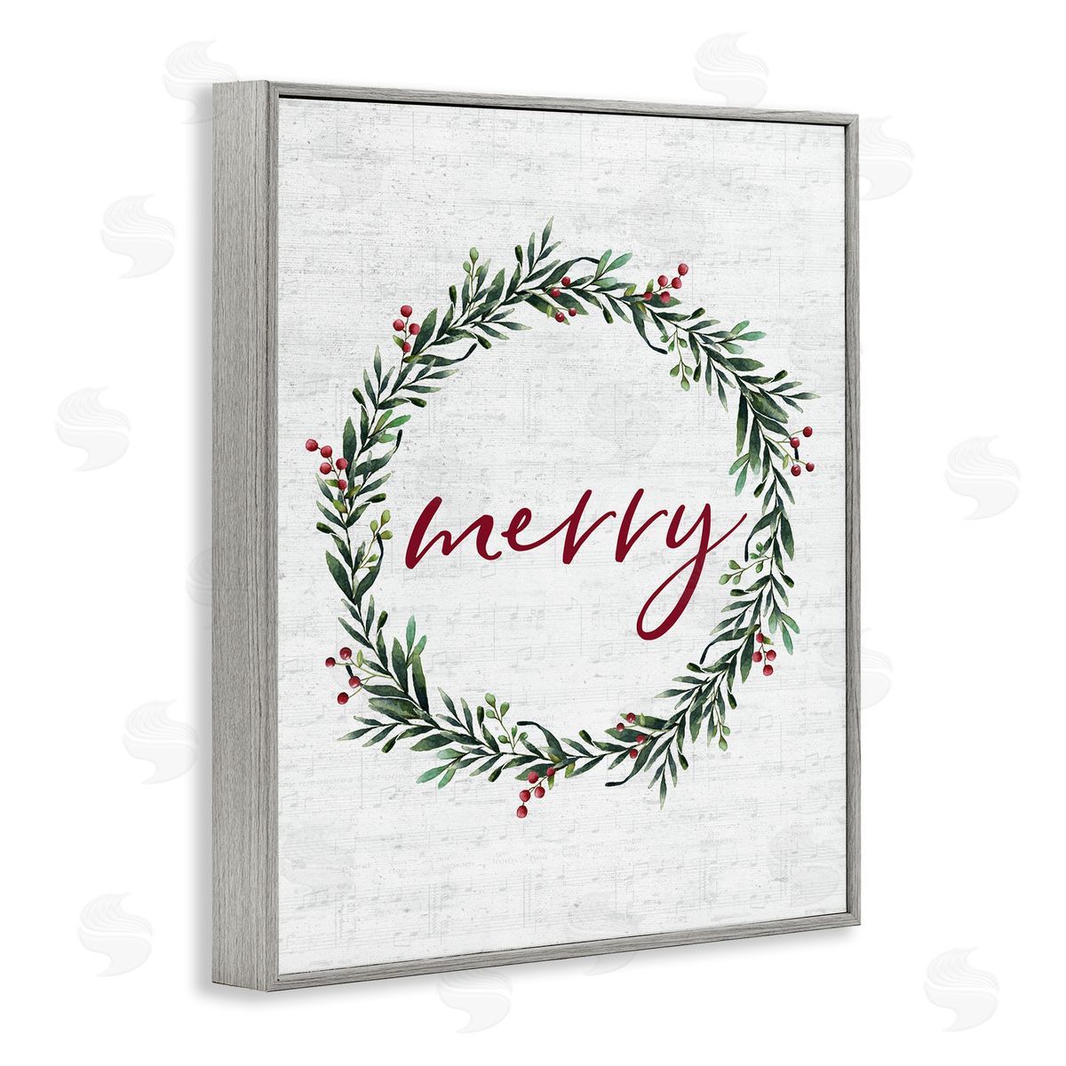 Lettered and Lined Red Merry Country Holiday Wreath Gray Framed Giclee Wall Art
