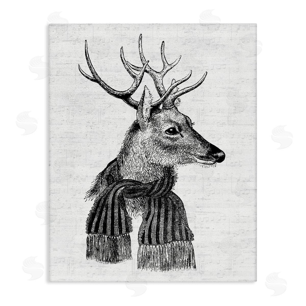 Lettered and Lined Reindeer in Scarf Vintage Portrait Canvas Wall Art