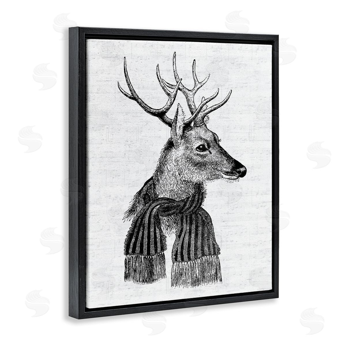 Lettered and Lined Reindeer in Scarf Vintage Portrait Black Floater Frame Canvas Art
