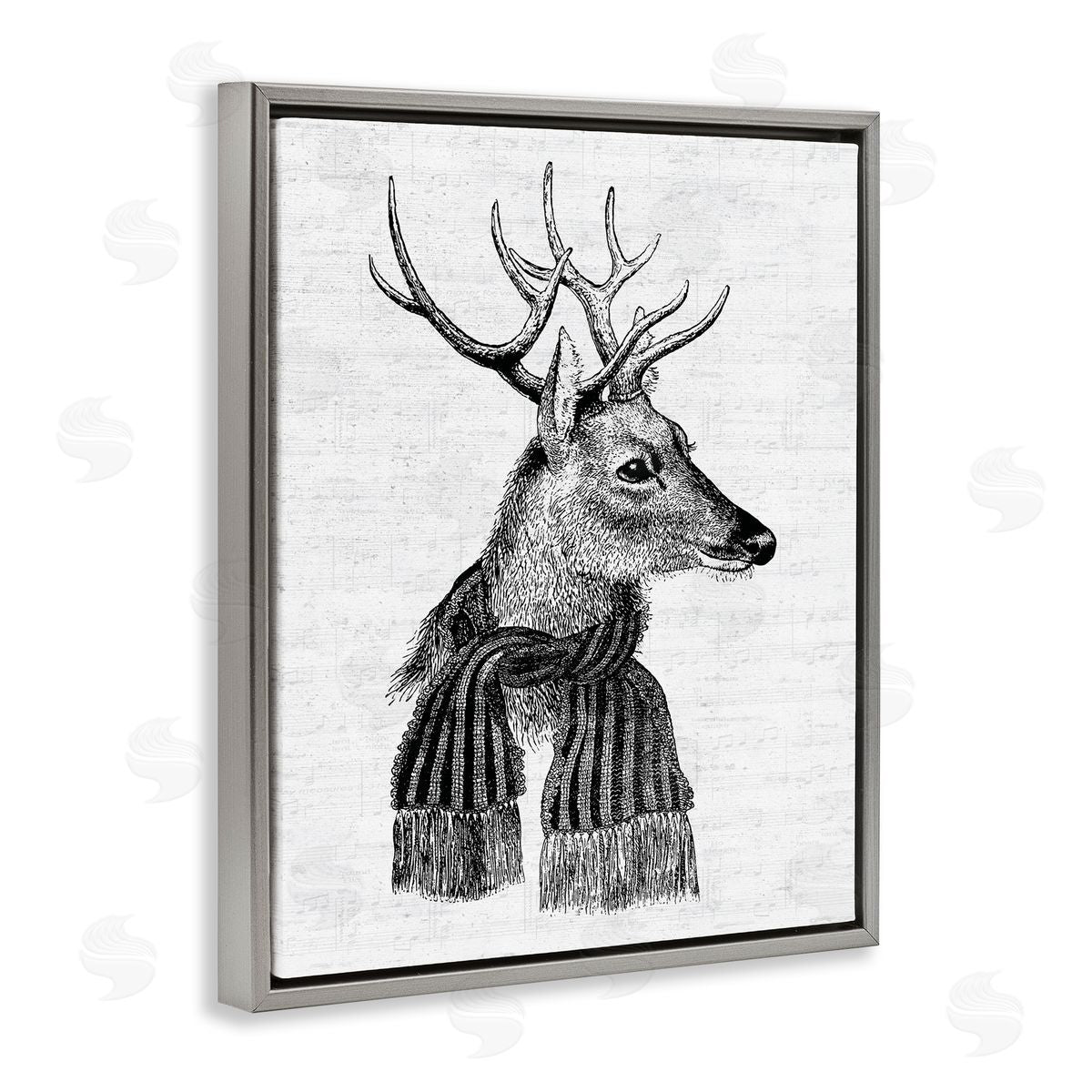 Lettered and Lined Reindeer in Scarf Vintage Portrait Gray Floater Frame Canvas Art