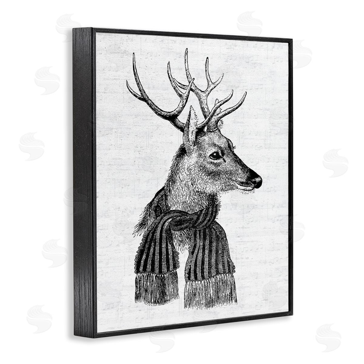 Lettered and Lined Reindeer in Scarf Vintage Portrait Black Framed Giclee Wall Art