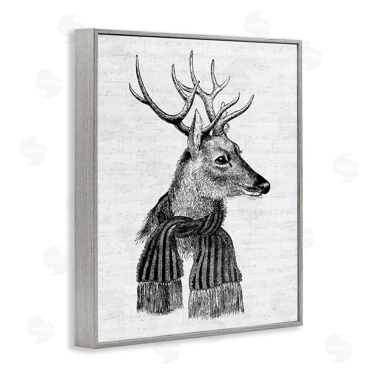 Lettered and Lined Reindeer in Scarf Vintage Portrait Gray Framed Giclee Wall Art