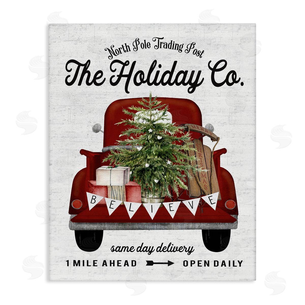 Lettered and Lined Red Holiday Truck Fir Tree Canvas Wall Art
