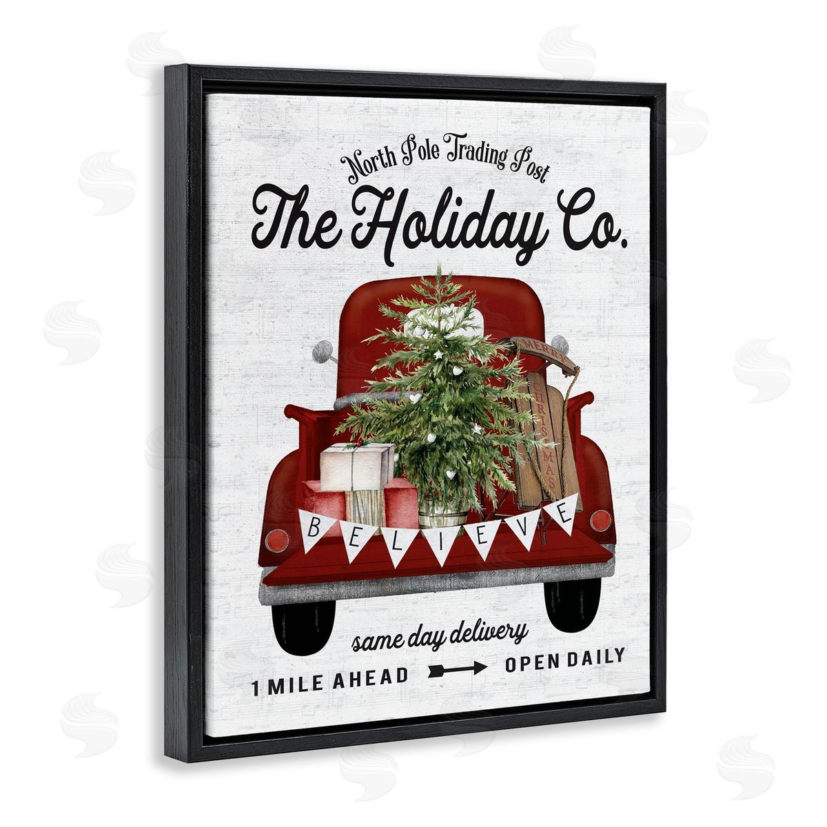 Lettered and Lined Red Holiday Truck Fir Tree Black Floater Frame Canvas Art