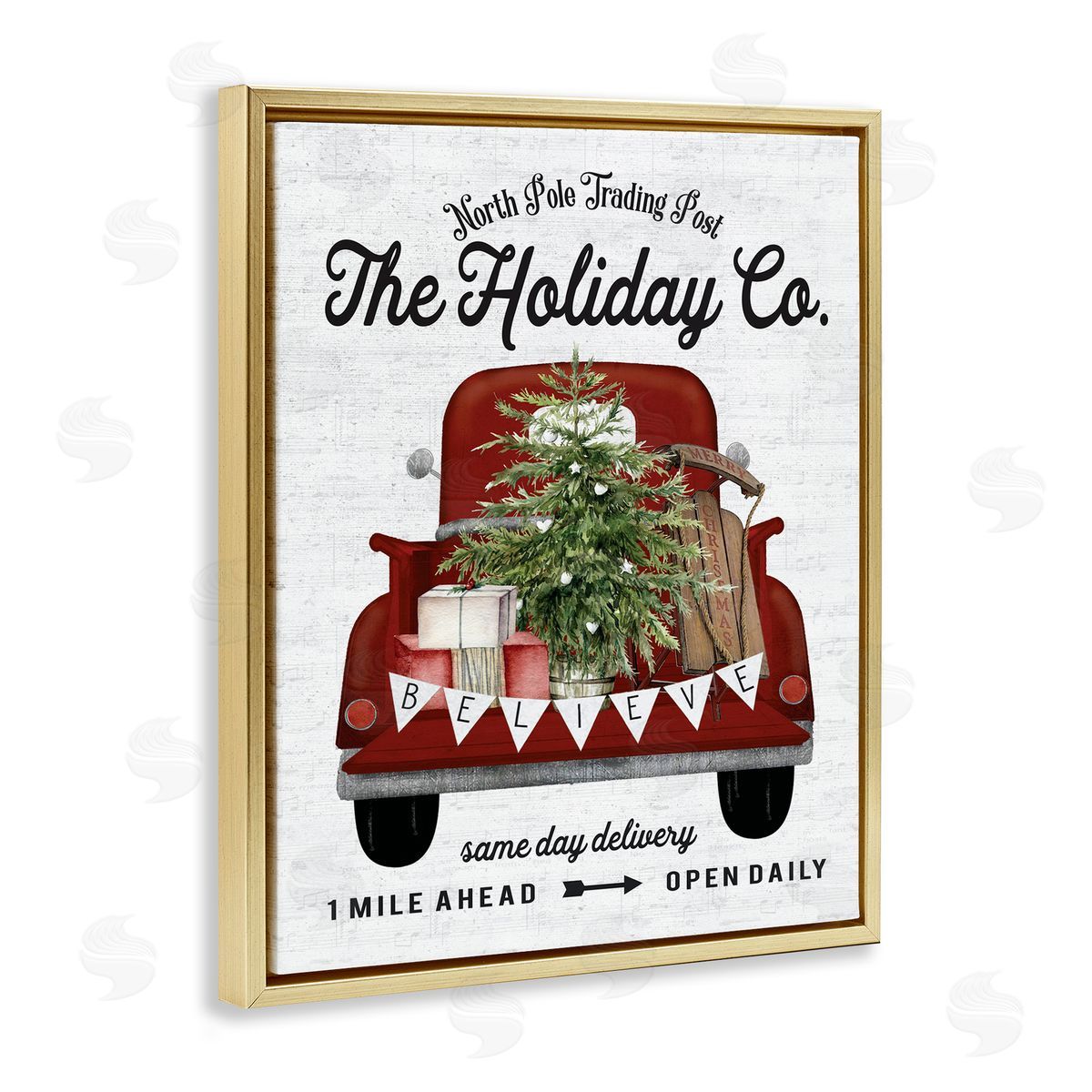 Lettered and Lined Red Holiday Truck Fir Tree Gold Floater Frame Canvas Art