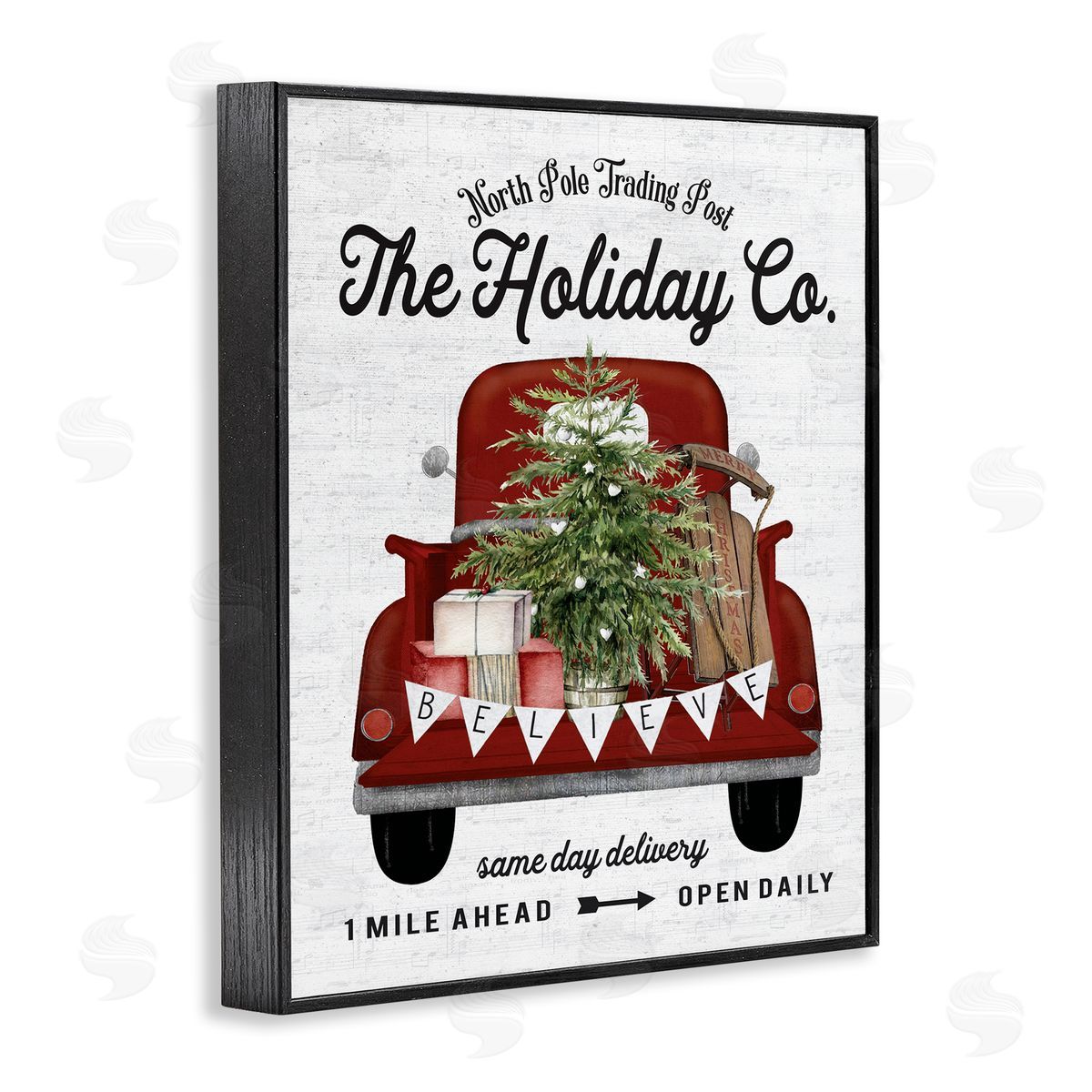 Lettered and Lined Red Holiday Truck Fir Tree Black Framed Giclee Wall Art