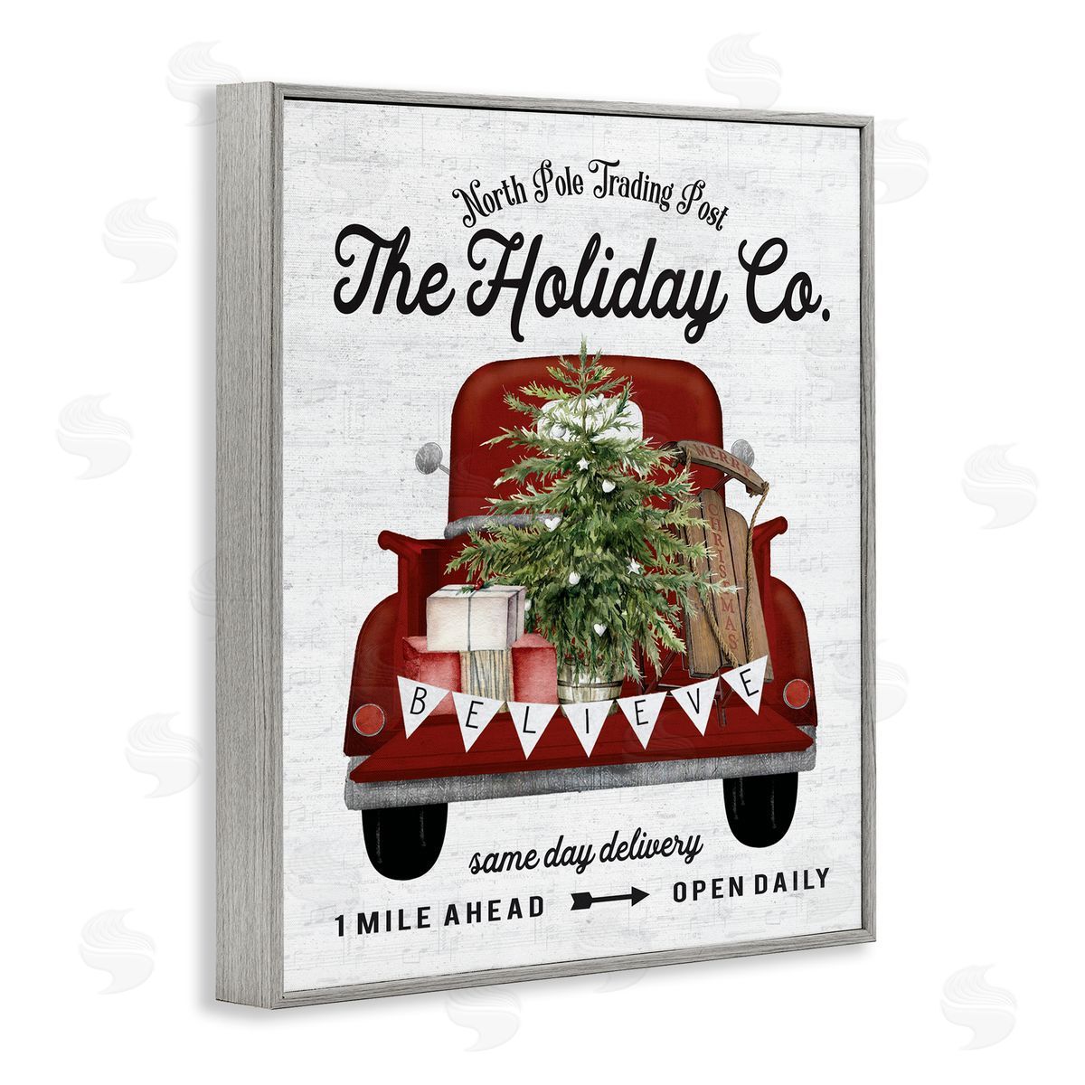 Lettered and Lined Red Holiday Truck Fir Tree Gray Framed Giclee Wall Art