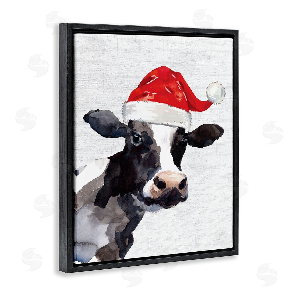 Lettered and Lined Country Cow Santa Clause Hat Black Floater Frame Canvas Art