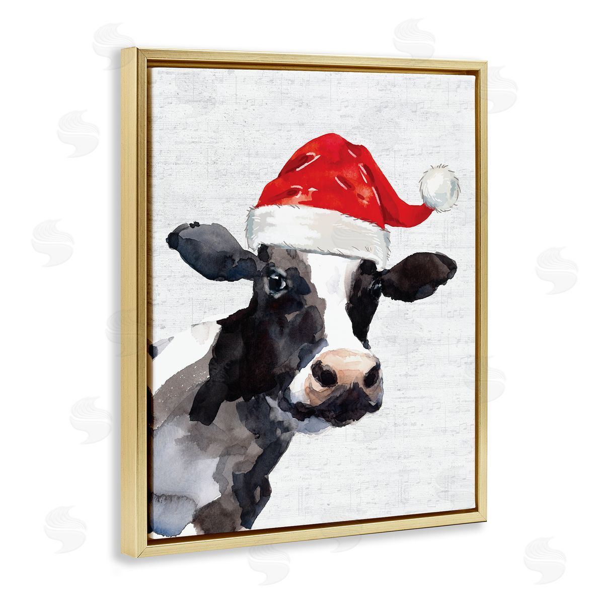 Lettered and Lined Country Cow Santa Clause Hat Gold Floater Frame Canvas Art