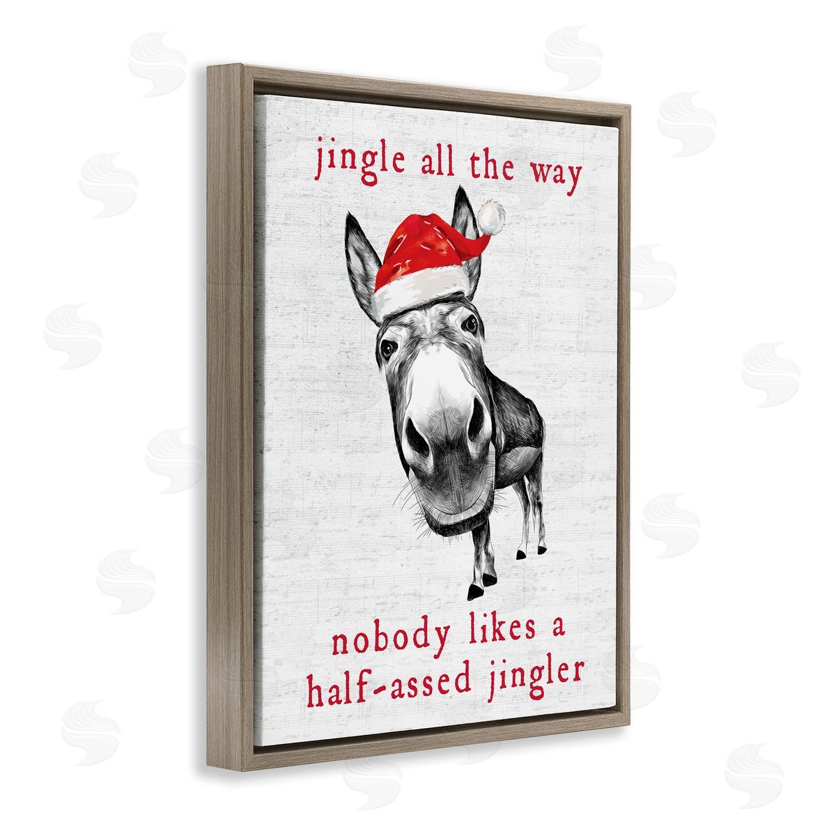 Lettered and Lined Jingle All the Way Christmas Donkey Brown Floater Frame Canvas Art