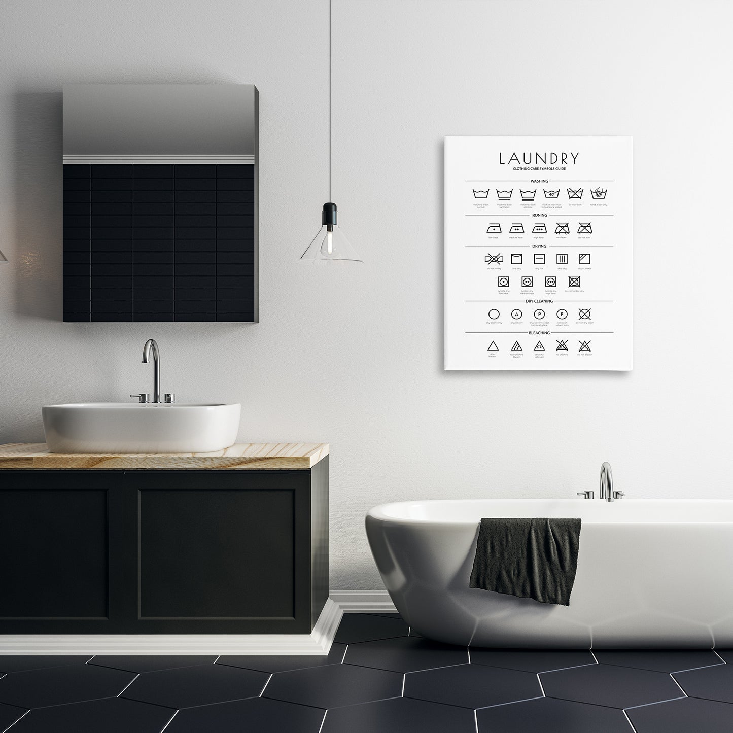 Minimal Laundry Cleaning Symbols Canvas Wall Art in Room, Home Decor by Martina Pavlova