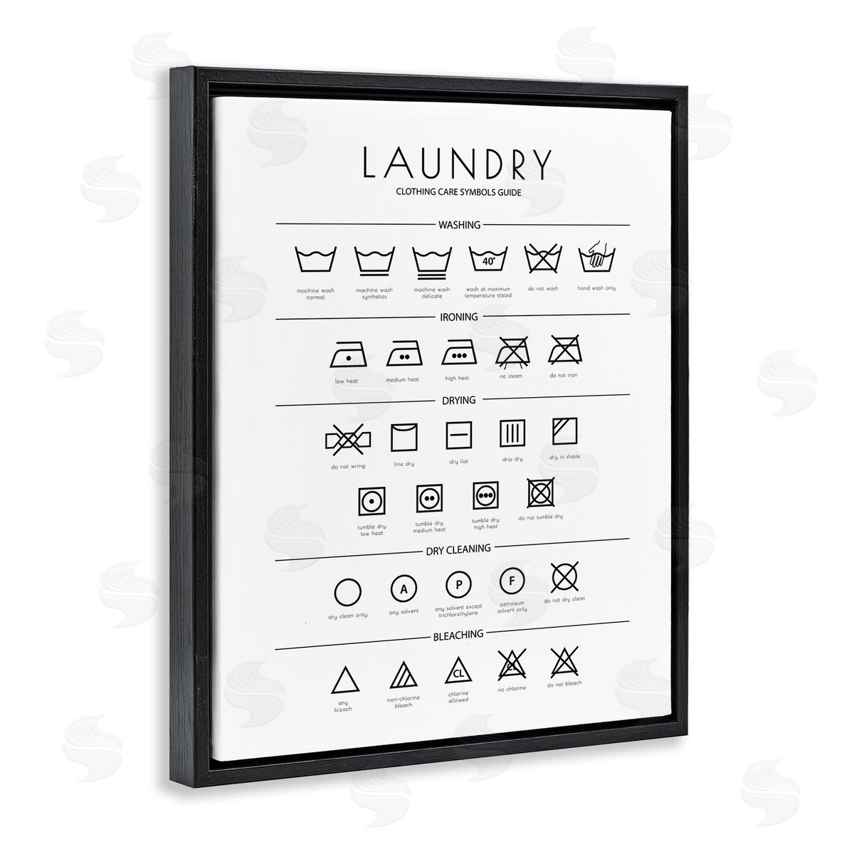 Minimal Laundry Cleaning Symbols Black Floating Frame Canvas Wall Art, Home Decor by Martina Pavlova