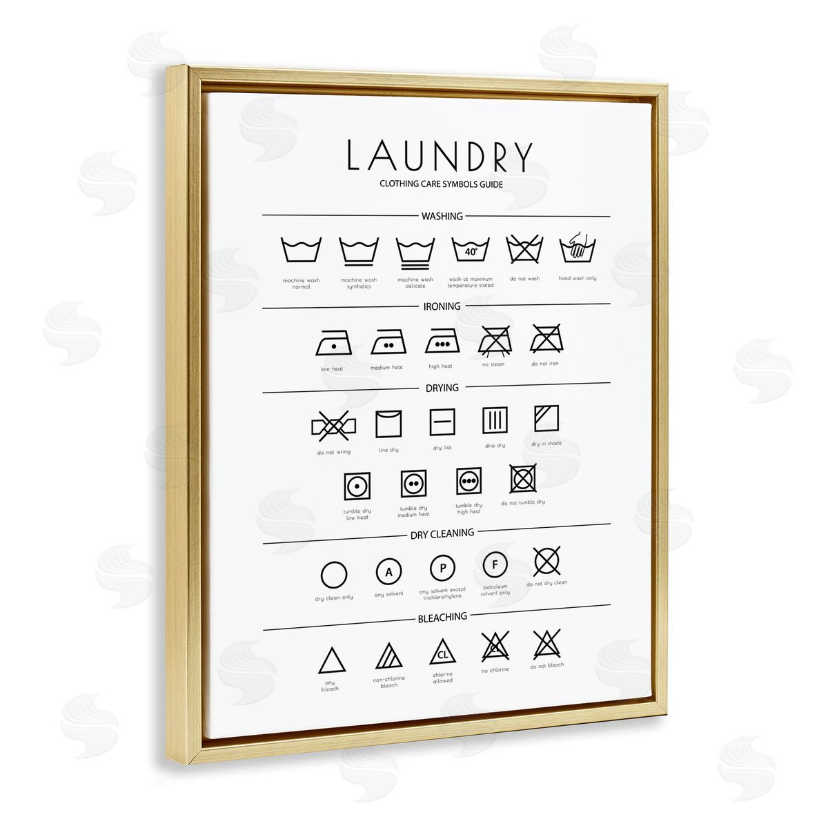 Minimal Laundry Cleaning Symbols Gold Floating Frame Canvas Wall Art, Home Decor by Martina Pavlova