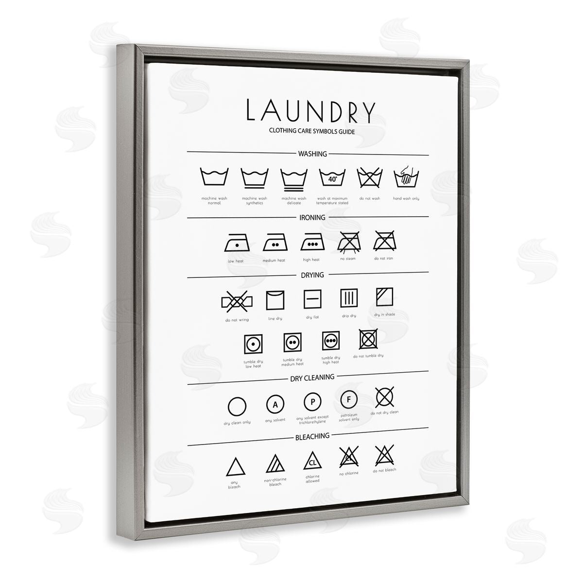 Minimal Laundry Cleaning Symbols Grey Floating Frame Canvas Wall Art, Home Decor by Martina Pavlova