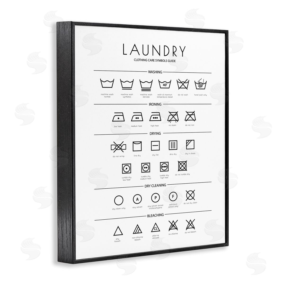 Minimal Laundry Cleaning Symbols Black Frame Print Wall Art, Home Decor by Martina Pavlova