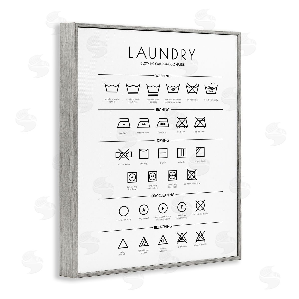 Minimal Laundry Cleaning Symbols Grey Frame Print Wall Art, Home Decor by Martina Pavlova