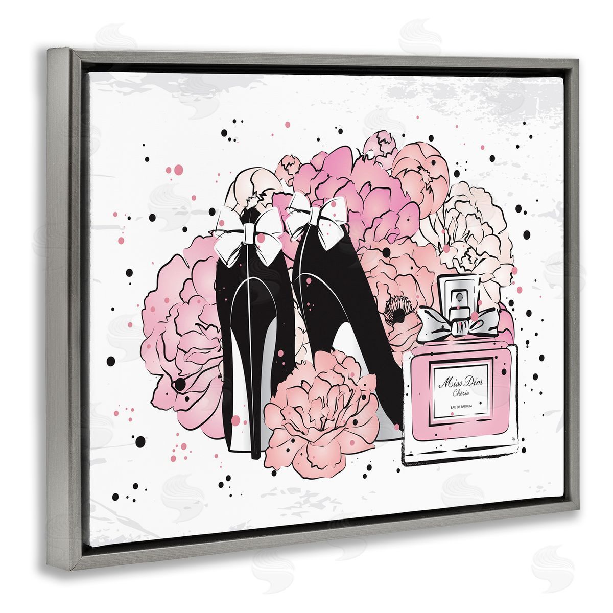 Martina Pavlova Glam Pink Peonies Bow Heels Gray Floater Frame Canvas Art