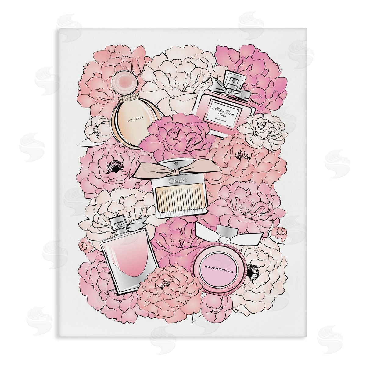 Martina Pavlova Pink Peonies and Fashion Bottles  Canvas Wall Art
