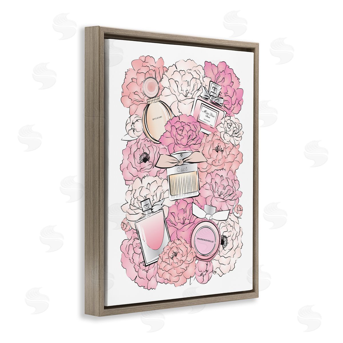 Martina Pavlova Pink Peonies and Fashion Bottles  Brown Floater Frame Canvas Art