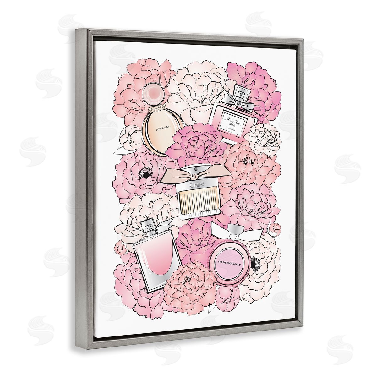 Martina Pavlova Pink Peonies and Fashion Bottles  Gray Floater Frame Canvas Art
