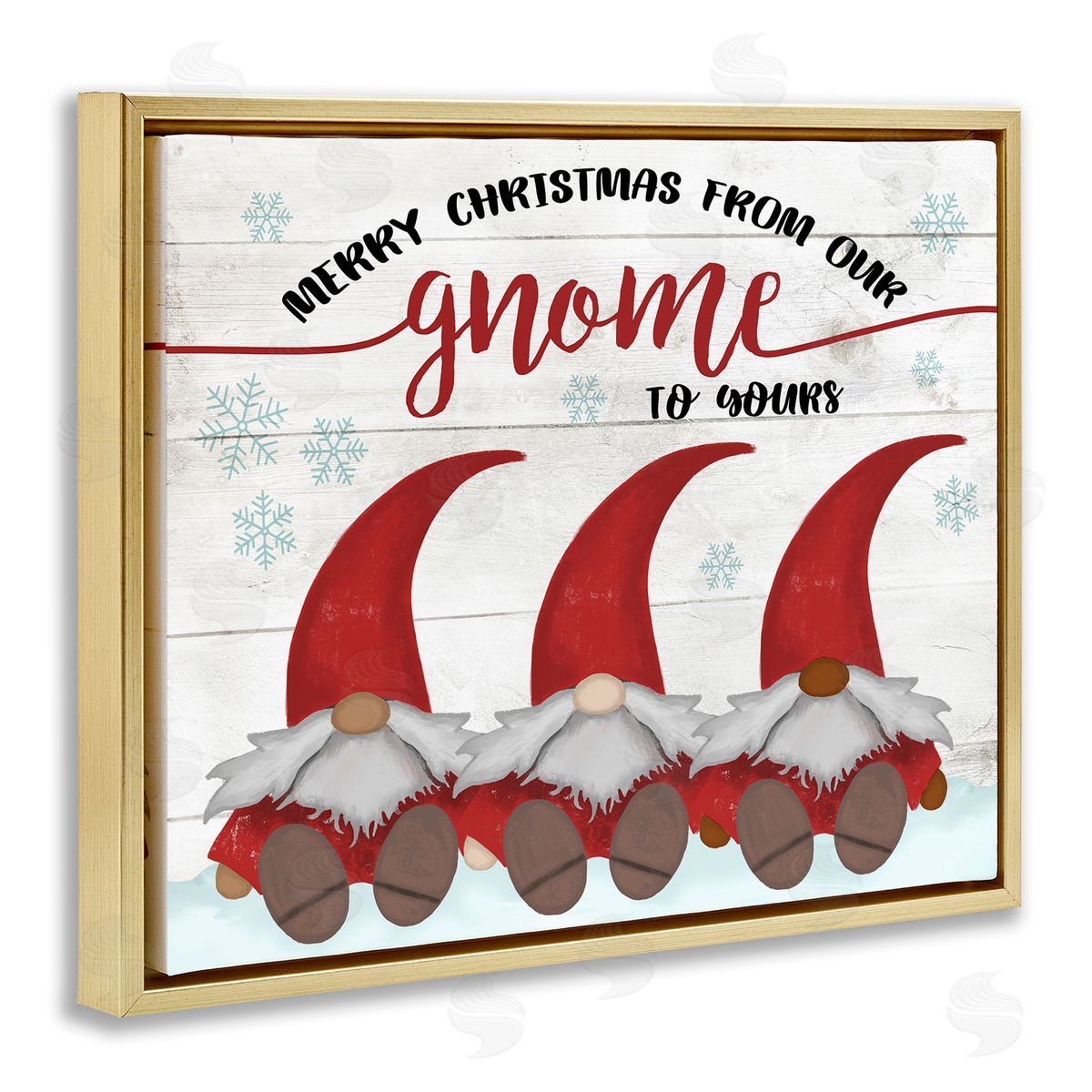 Stupell Studio Merry Christmas Gnome Home Pun Snowflakes Gold Floater Frame Canvas Art