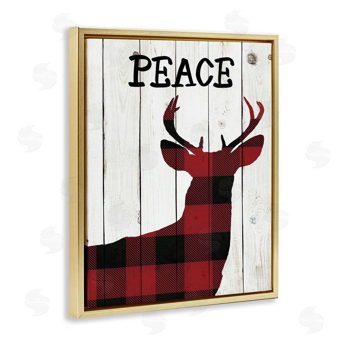 Andi Metz Checker Plaid Reindeer Rustic Peace Gold Floater Frame Canvas Art