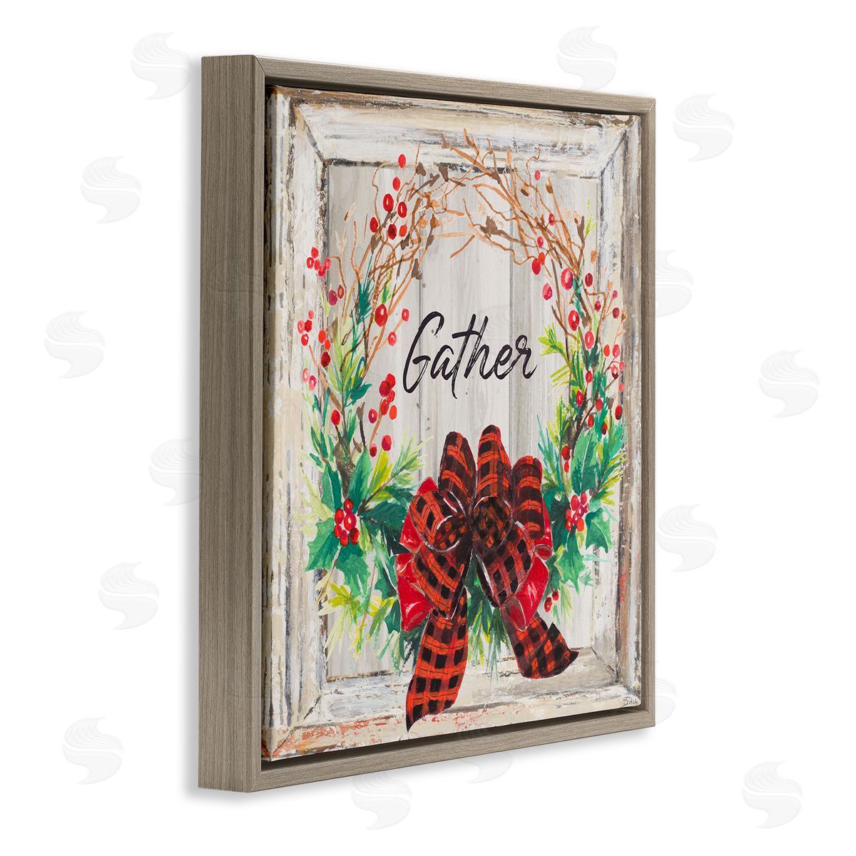 Patricia Pinto Winter Gather Barn Wood Wreath Brown Floater Frame Canvas Art