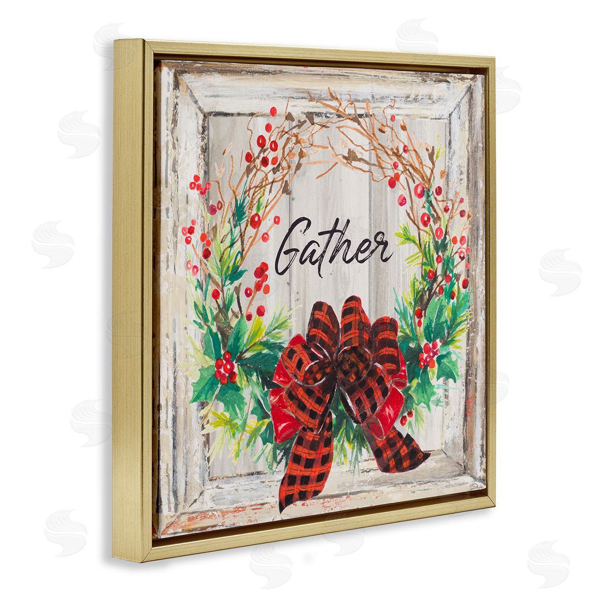 Patricia Pinto Winter Gather Barn Wood Wreath Gold Floater Frame Canvas Art