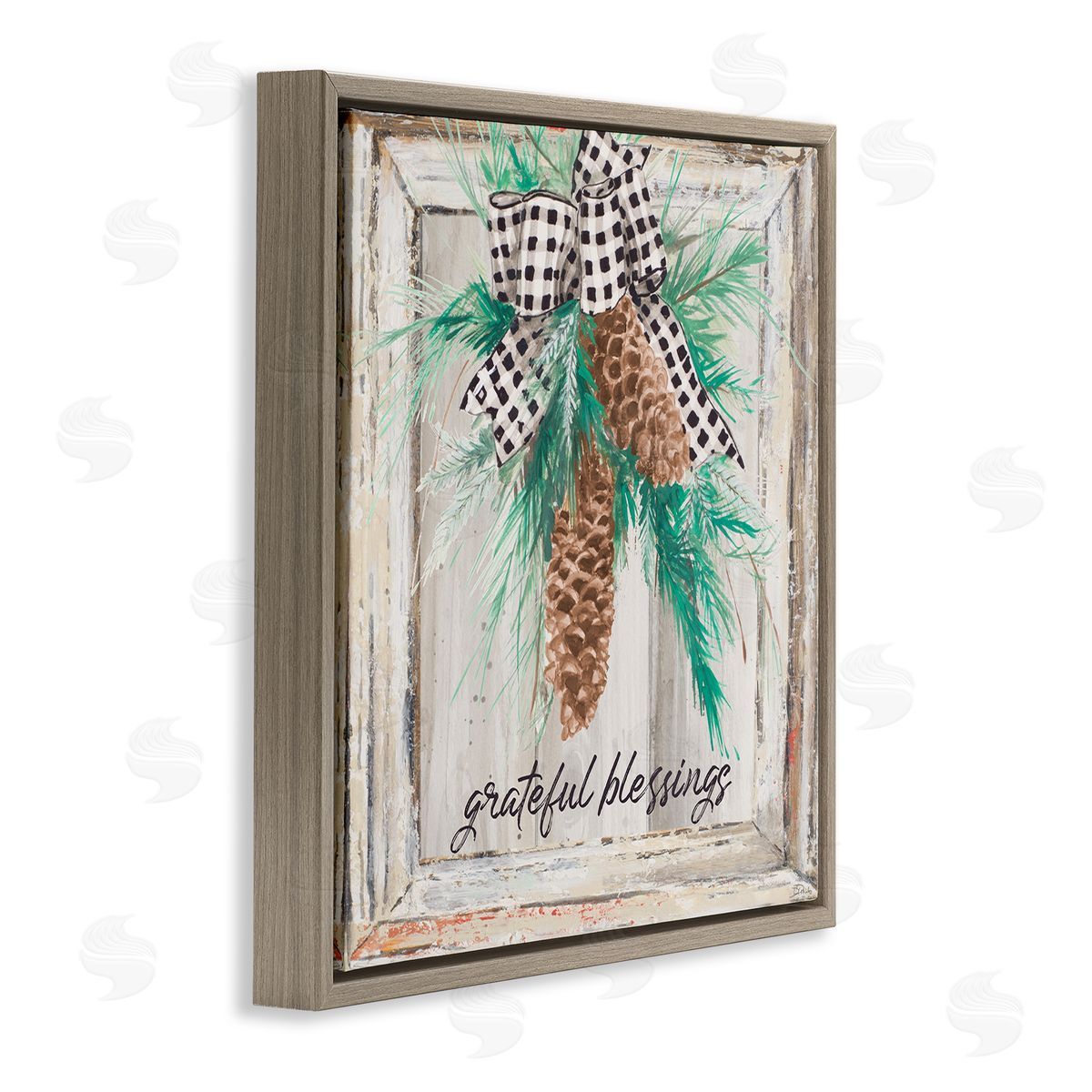 Patricia Pinto Grateful Blessing Winter Pinecone  Brown Floater Frame Canvas Art