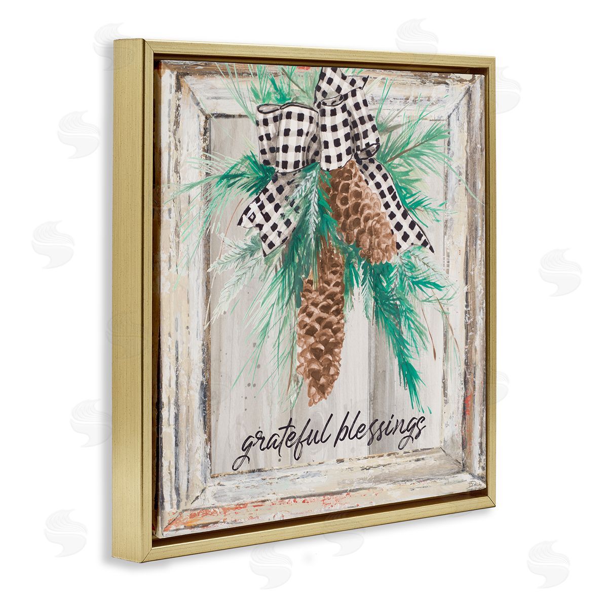 Patricia Pinto Grateful Blessing Winter Pinecone  Gold Floater Frame Canvas Art