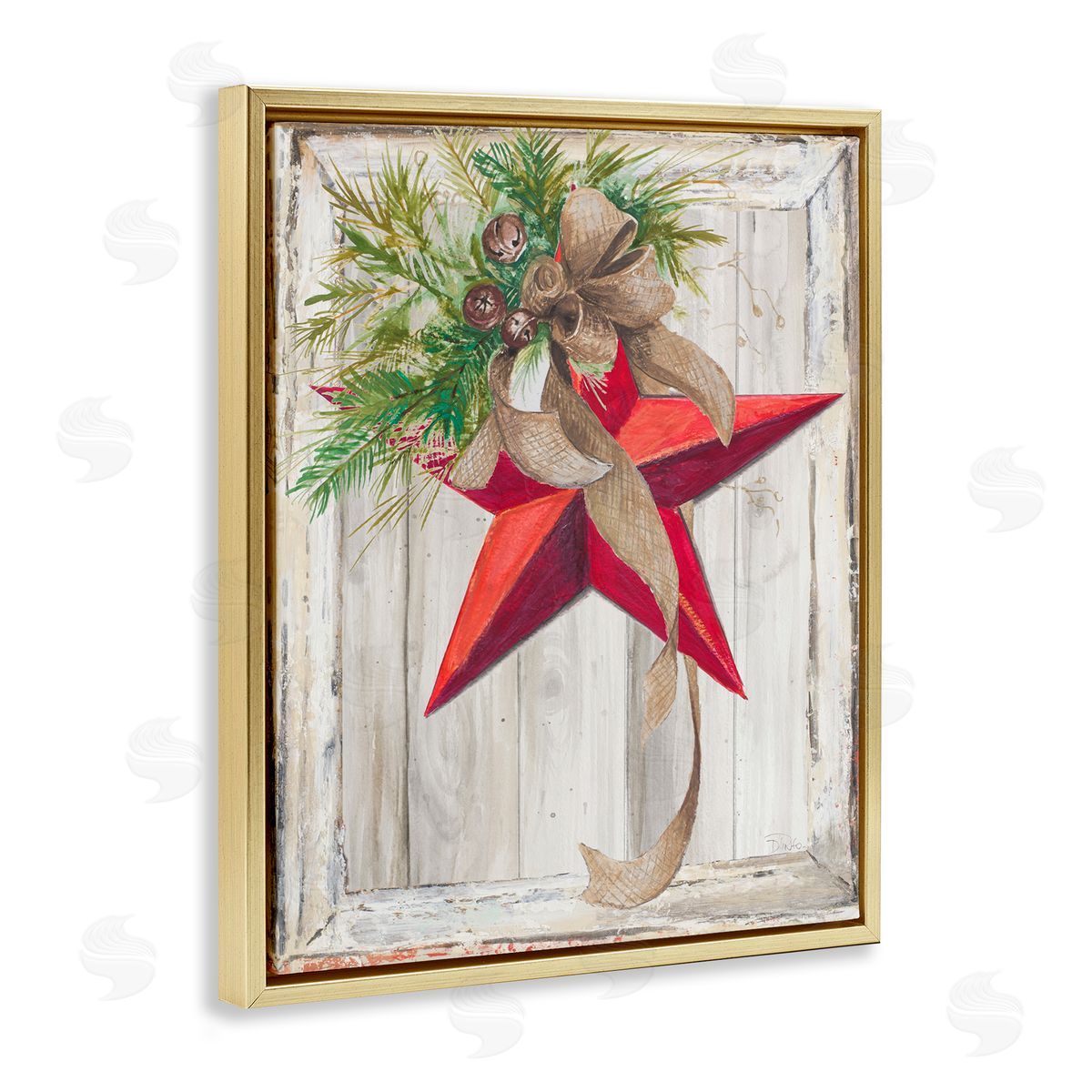 Patricia Pinto Winter Red Star Barn Wood Gold Floater Frame Canvas Art