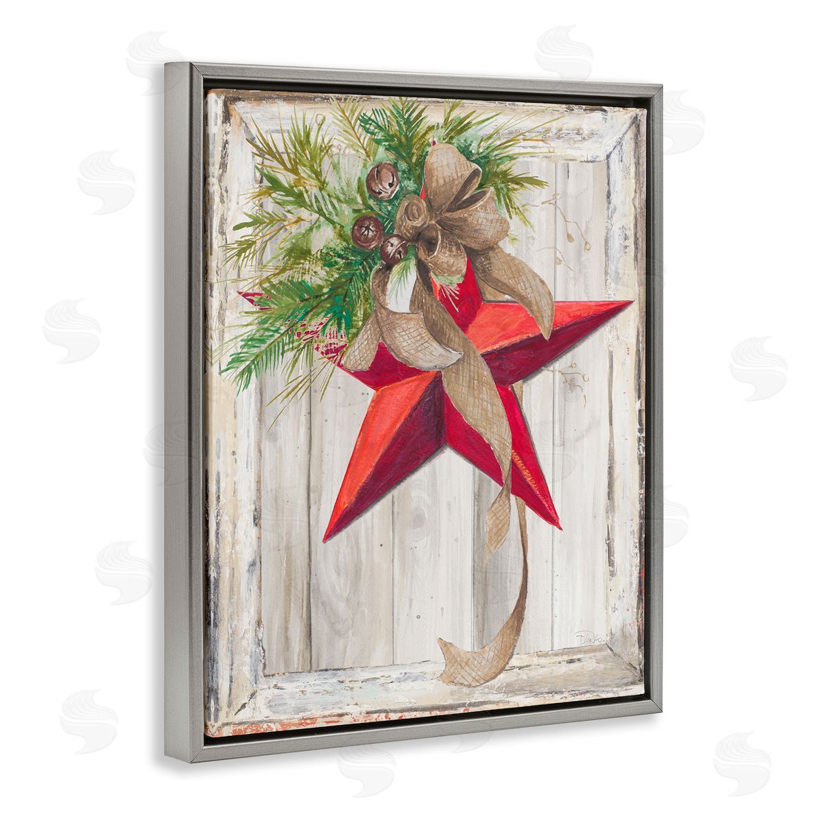 Patricia Pinto Winter Red Star Barn Wood Gray Floater Frame Canvas Art