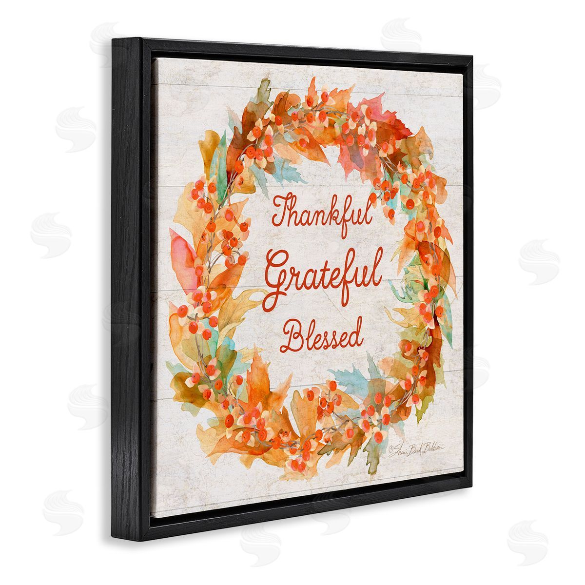 Sherri Buck Baldwin Autumn Foliage Wreath Thankful Grateful Blessed Black Floater Frame Canvas Art
