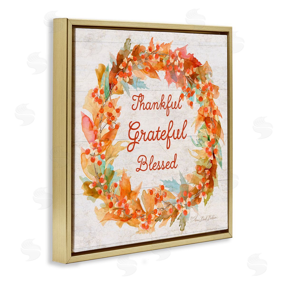 Sherri Buck Baldwin Autumn Foliage Wreath Thankful Grateful Blessed Gold Floater Frame Canvas Art
