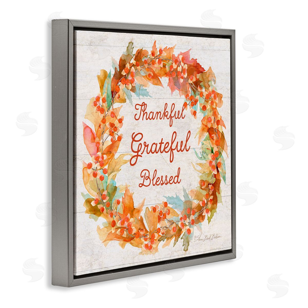 Sherri Buck Baldwin Autumn Foliage Wreath Thankful Grateful Blessed Gray Floater Frame Canvas Art