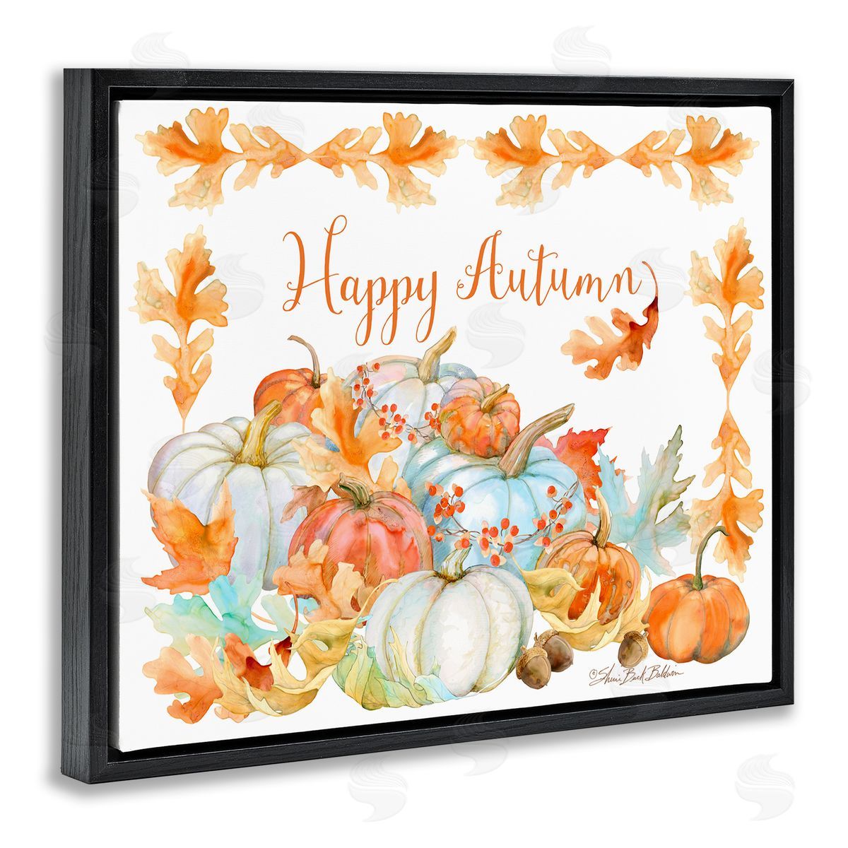 Sherri Buck Baldwin Happy Autumn Pumpkin Harvest Foliage Border Black Floater Frame Canvas Art