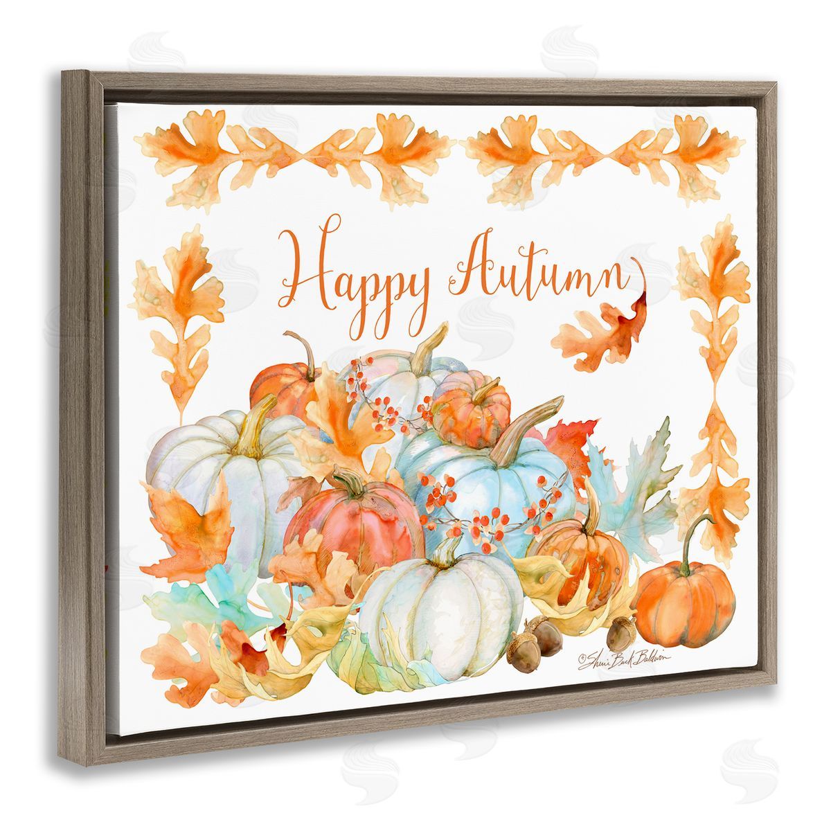 Sherri Buck Baldwin Happy Autumn Pumpkin Harvest Foliage Border Brown Floater Frame Canvas Art