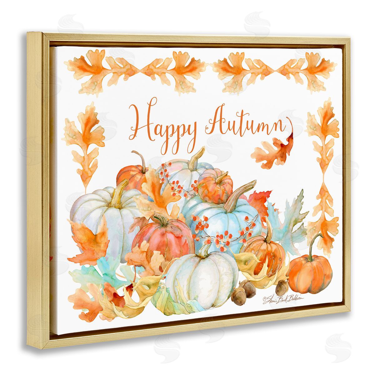 Sherri Buck Baldwin Happy Autumn Pumpkin Harvest Foliage Border Gold Floater Frame Canvas Art