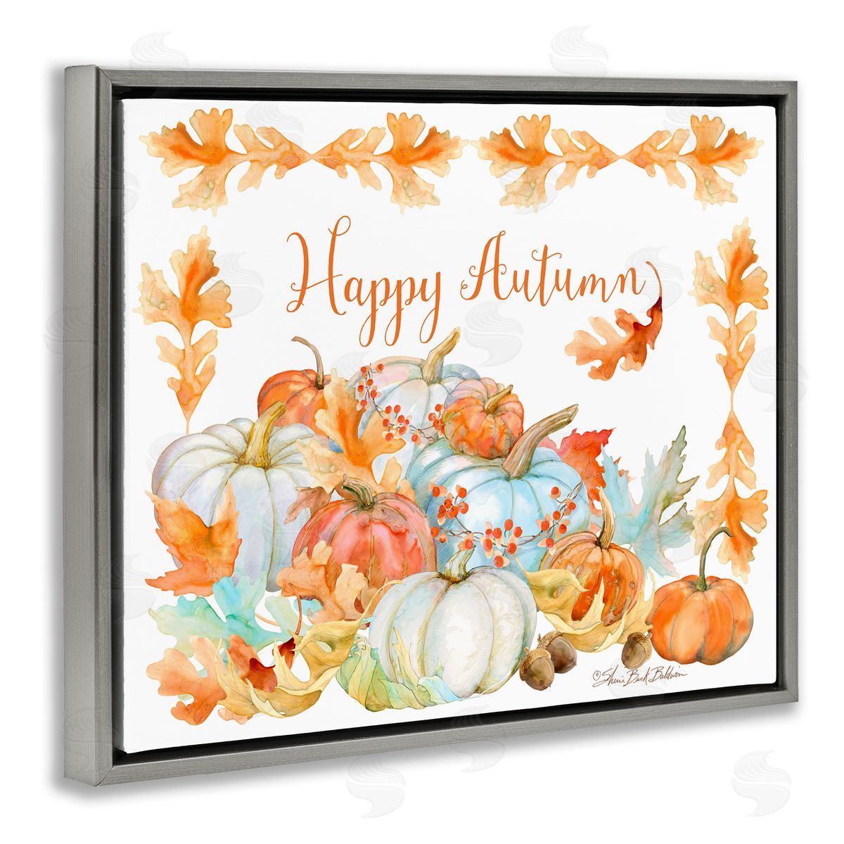 Sherri Buck Baldwin Happy Autumn Pumpkin Harvest Foliage Border Gray Floater Frame Canvas Art
