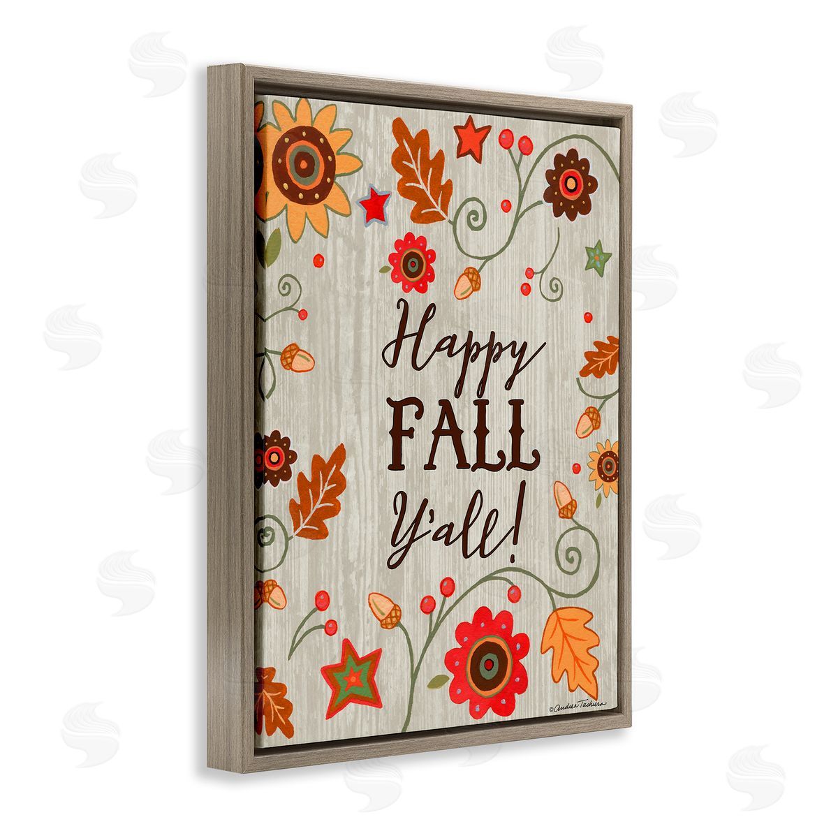 Andrea Tachiera Happy Fall Y'all Phrase Autumn County Border Brown Floater Frame Canvas Art