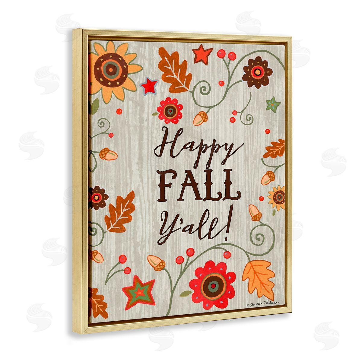 Andrea Tachiera Happy Fall Y'all Phrase Autumn County Border Gold Floater Frame Canvas Art