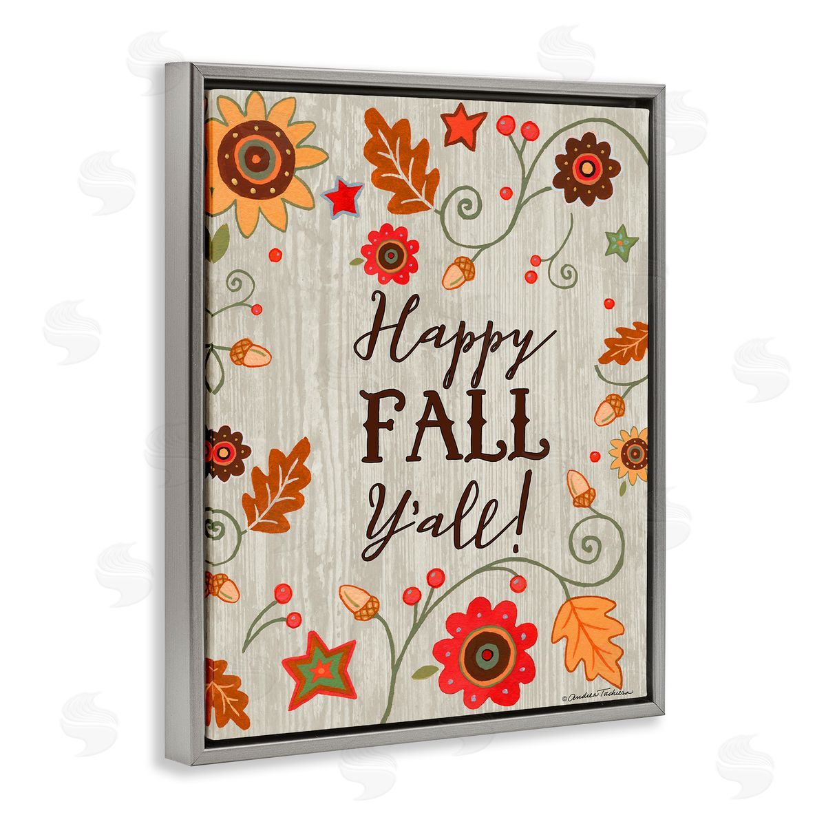 Andrea Tachiera Happy Fall Y'all Phrase Autumn County Border Gray Floater Frame Canvas Art